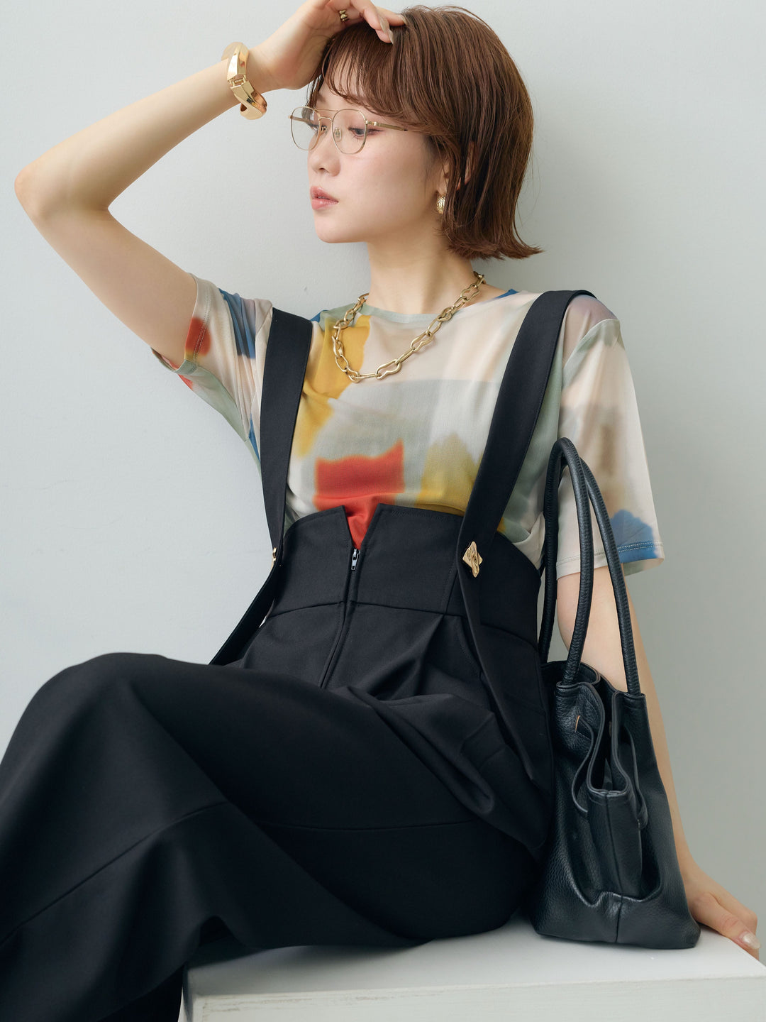 [SET]水彩アートシアーTシャツ+ゴールドボタンサスペンダーワイドパンツ(2set)