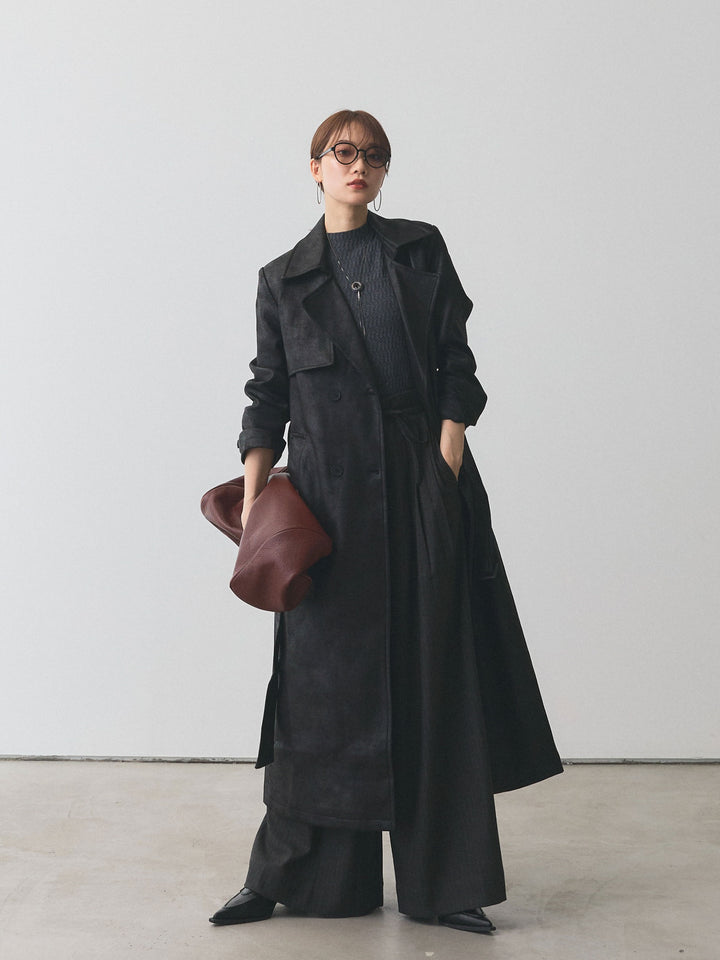 【Allure】[SET]デザインリブハーフニットトップス+ウールライクストライプワイドパンツ+ヴィンテージレザートレンチコート(3set)