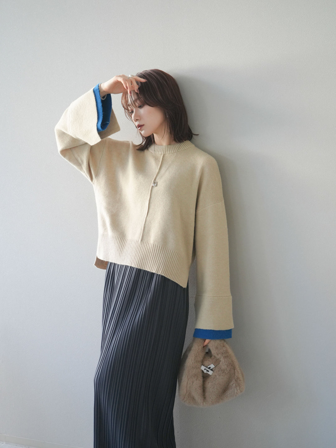 [予約]袖レイヤード配色ニットプルオーバー/ivory