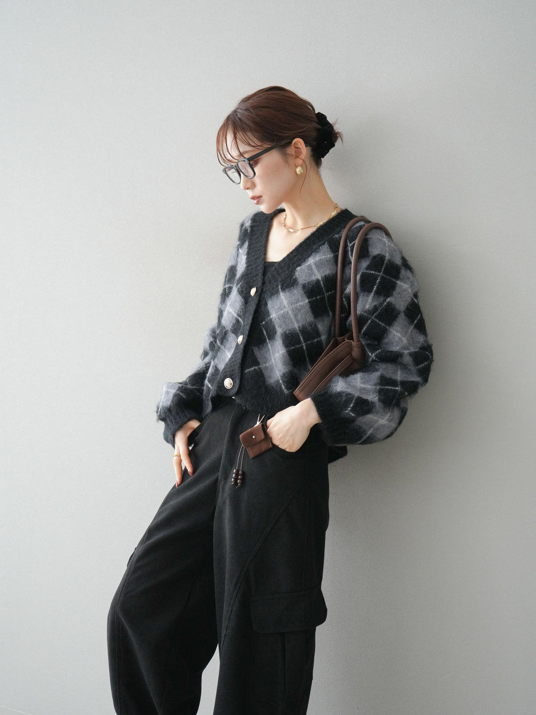 [予約]アーガイルシャギーニットカーディガン/gray