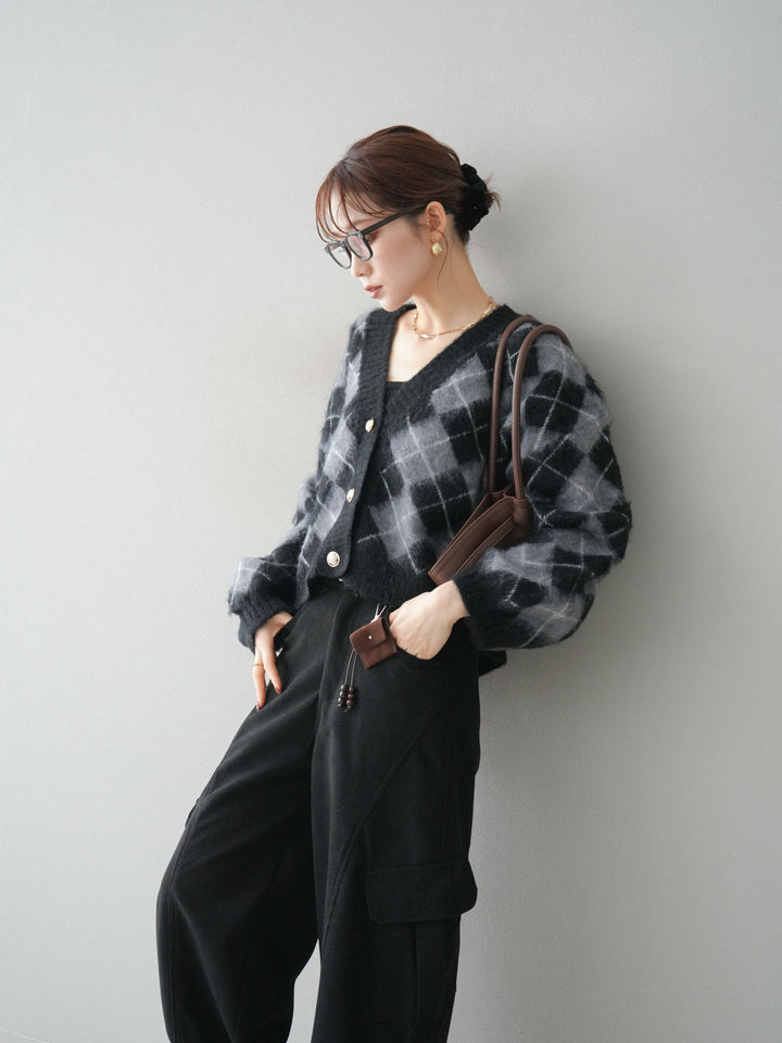 [予約]アーガイルシャギーニットカーディガン/gray