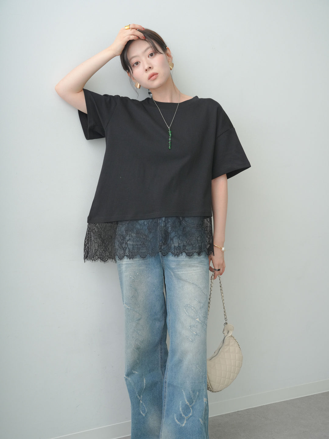 [SET]アシメレースヘムワイドTEE+グラフィックスクラッチワイドデニム(2set)