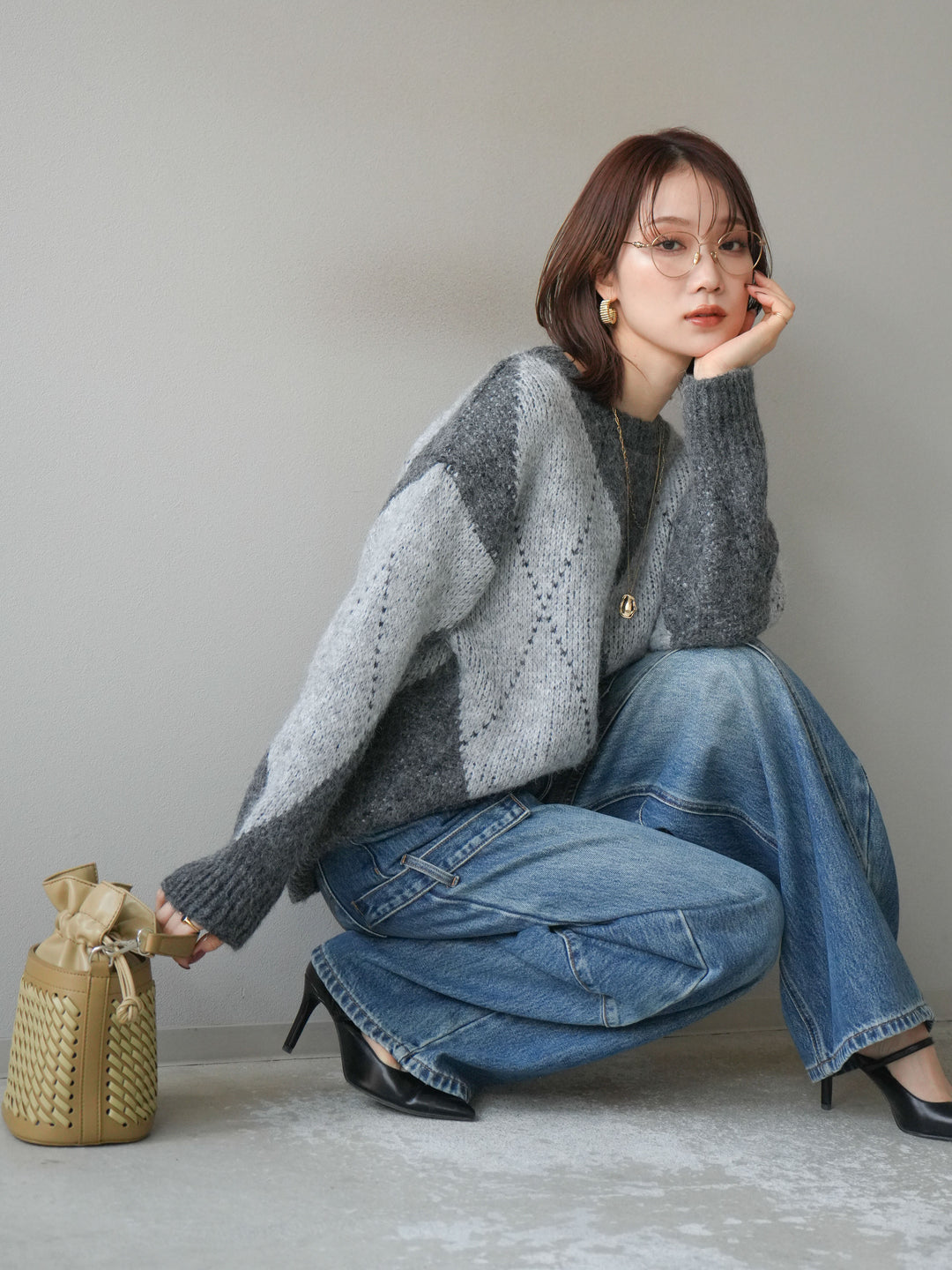 [予約]アーガイルオーバーニットプルオーバー/gray