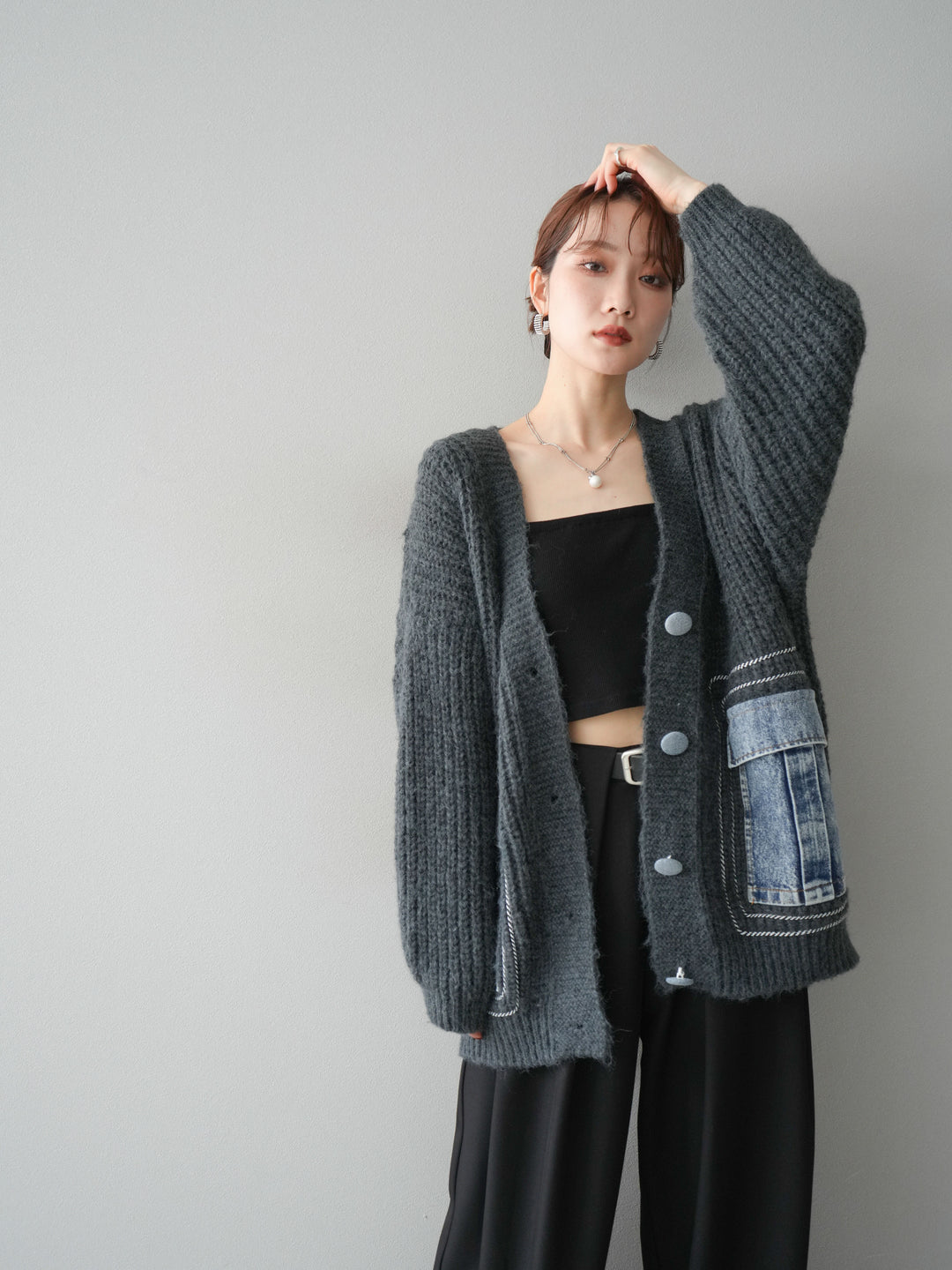 [予約]デニムポケットハンドステッチカーディガン/gray