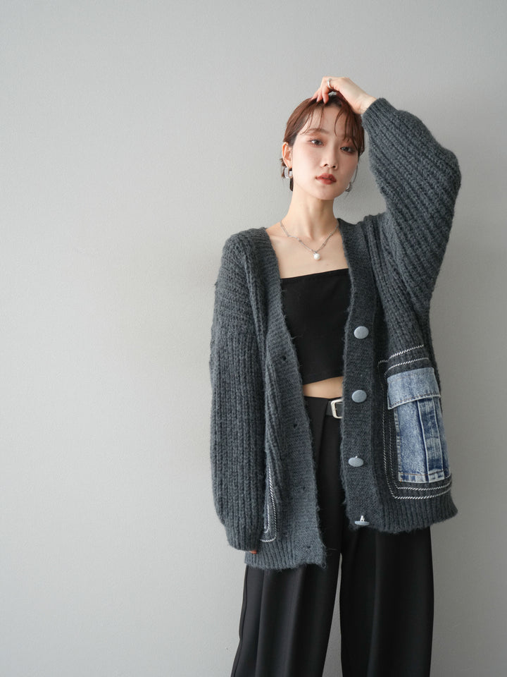 [予約]デニムポケットハンドステッチカーディガン/gray