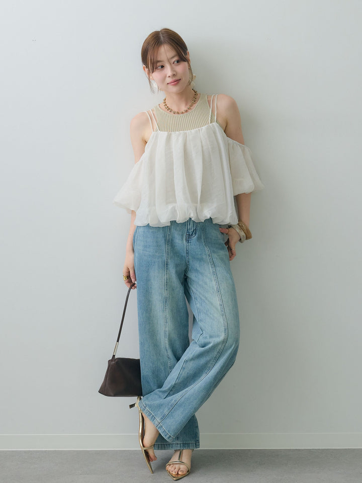 [SET]リブタンク付シアーバルーン半袖トップス+センターラインワイドストレートデニム(2set)