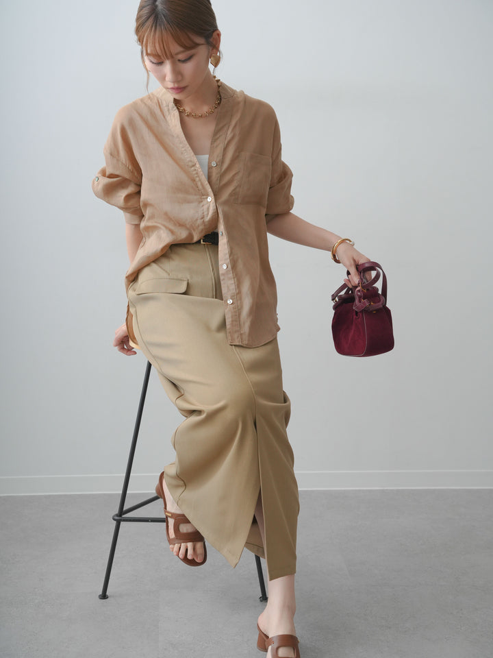 [SET]バックレースノーカラーシャツ+カップ付テレコリブベアキャミソール+クレープデシンフラップ付きストレートスカート(3set)