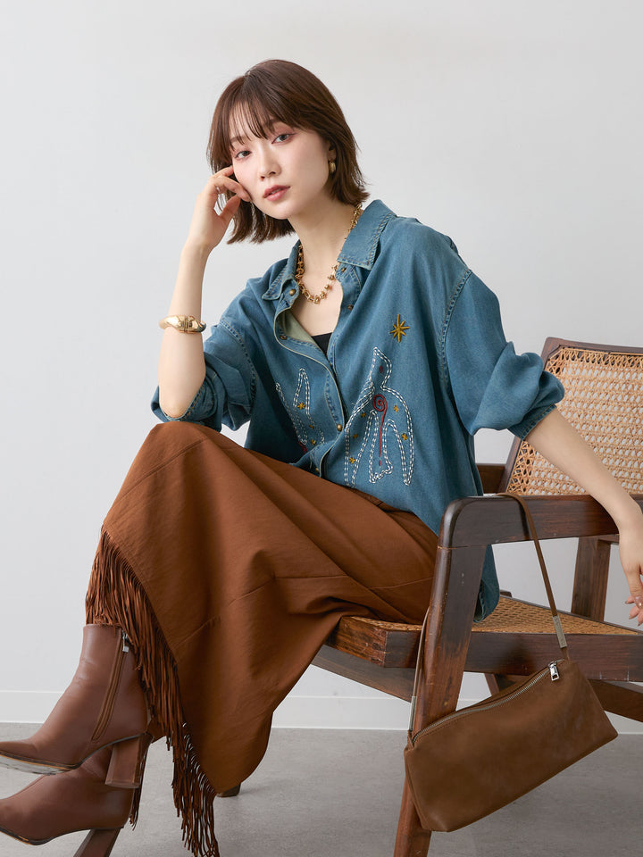 [予約]モチーフ刺繍デニムシャツ/blue