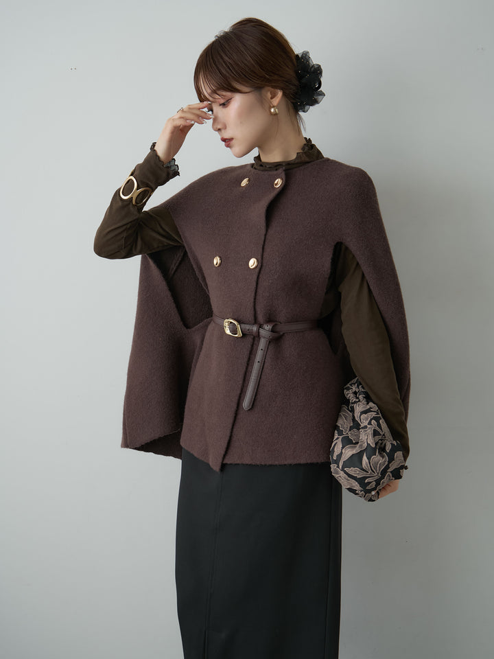 [SET]ゴールドボタンニットケープコート+クレープデシンフラップ付きストレートスカート(2set)