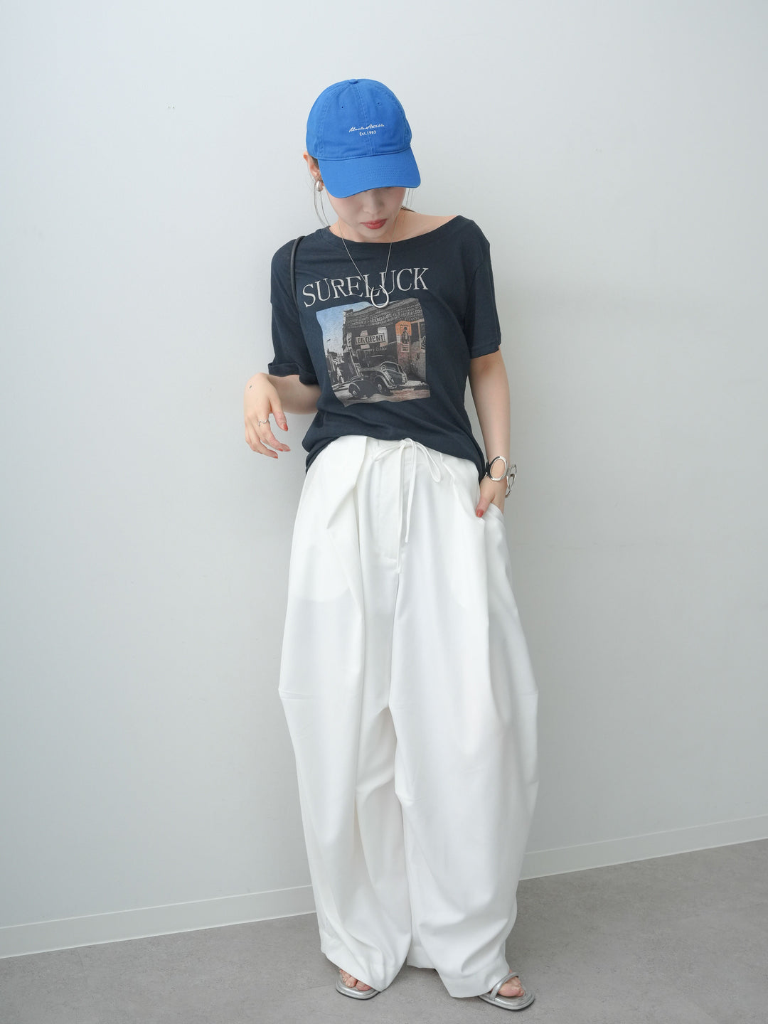 [SET]ワイドネックプリントTEE+ベルトループカーブタックワイドパンツ(2set)