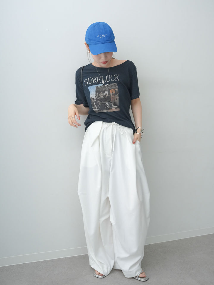 [SET]ワイドネックプリントTEE+ベルトループカーブタックワイドパンツ(2set)