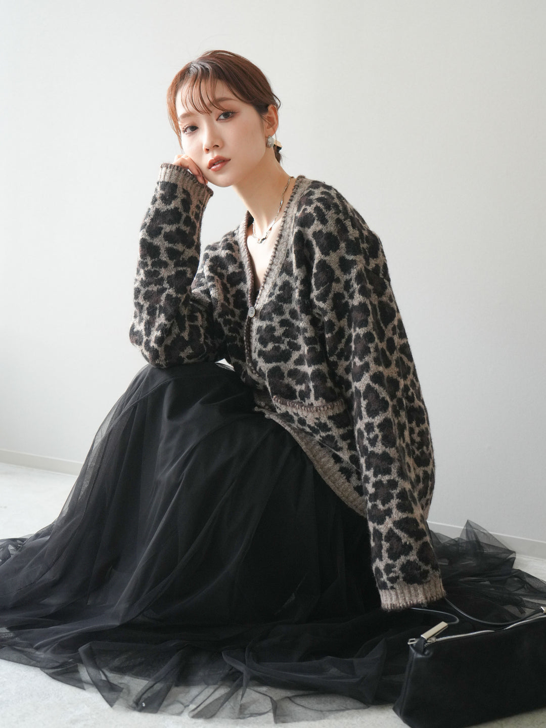 [予約]アニマル柄ステッチニットカーディガン/brown