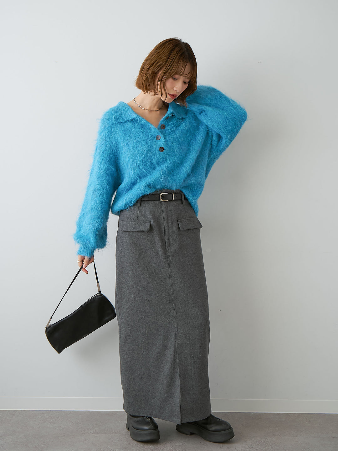 [SET]ヘンリーシャギーニットトップス+メルトンフラップ付ストレートスカート(2set)