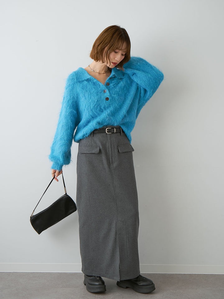 [SET]ヘンリーシャギーニットトップス+メルトンフラップ付ストレートスカート(2set)