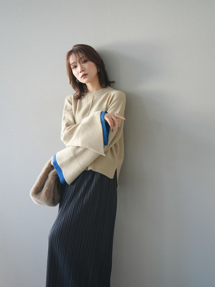 [SET]袖レイヤード配色ニットプルオーバー+プリーツIラインスカート(2set)