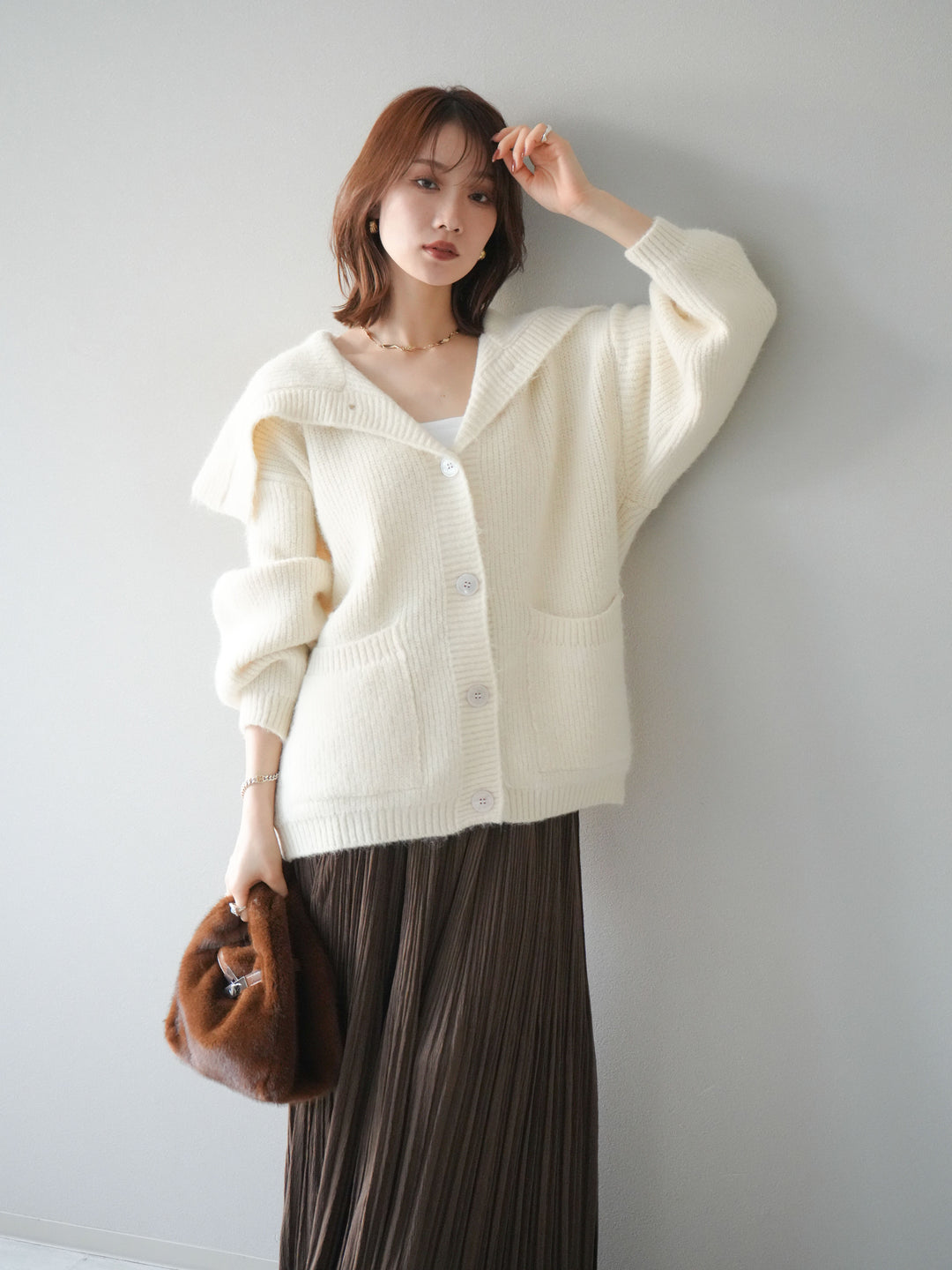 [予約]襟付きボタンオーバーニットカーディガン/ivory