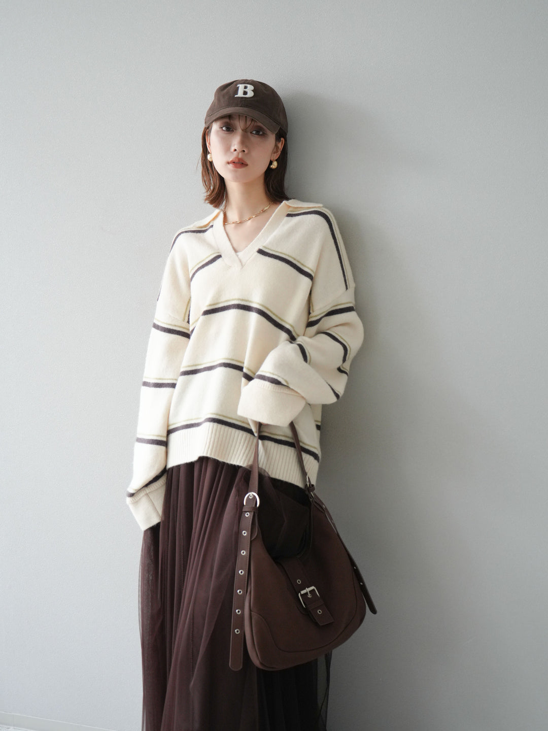 [SET]ポロ襟スキッパーボーダーニットプルオーバー+チュールボリュームスカート(2set)