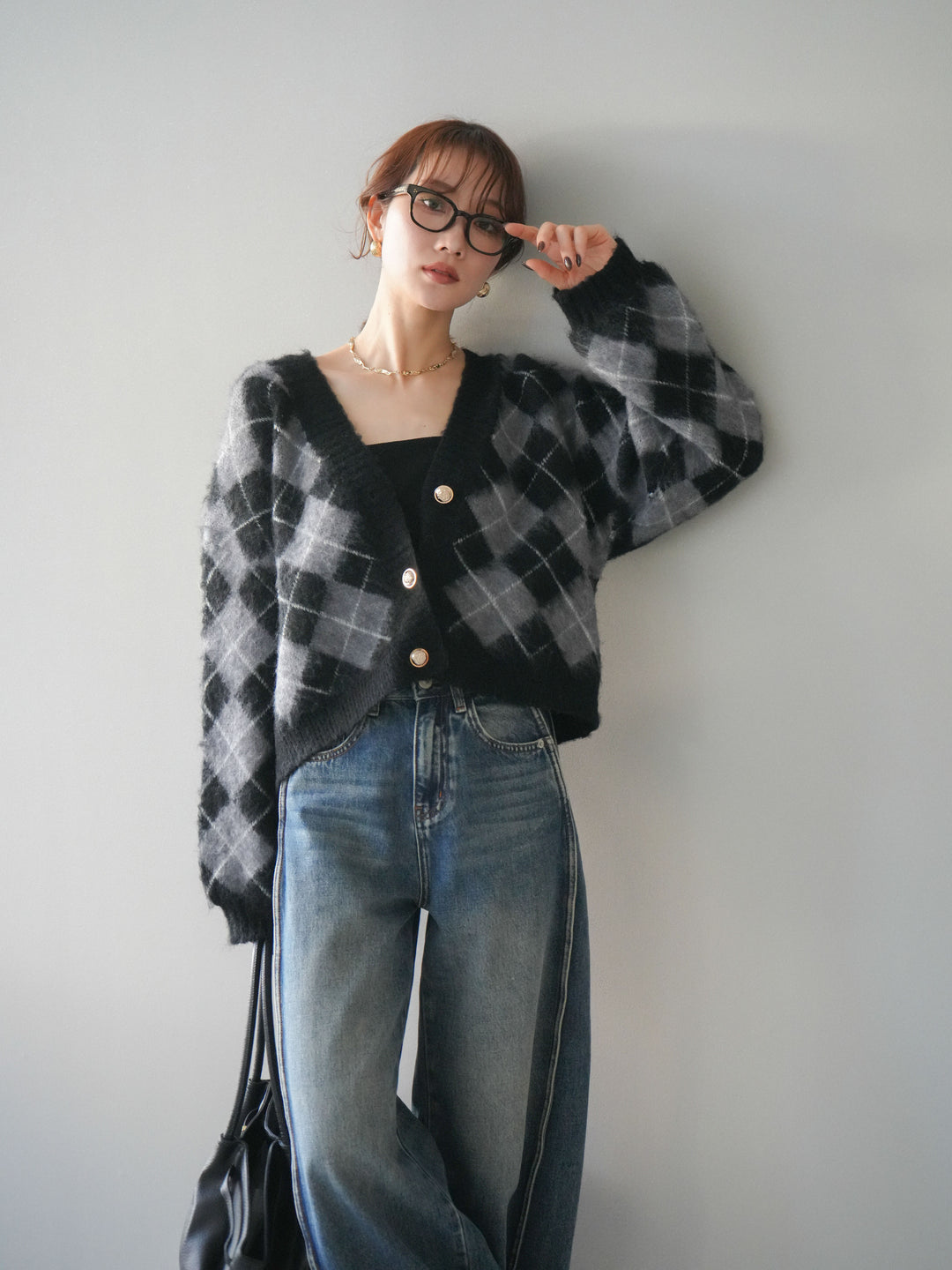 [予約]アーガイルシャギーニットカーディガン/gray