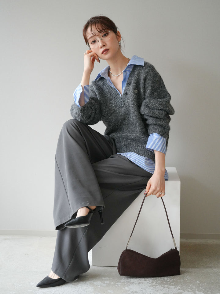 [予約]ストライプシャツドッキングMIXヤーンニットプルオーバー/charcoal