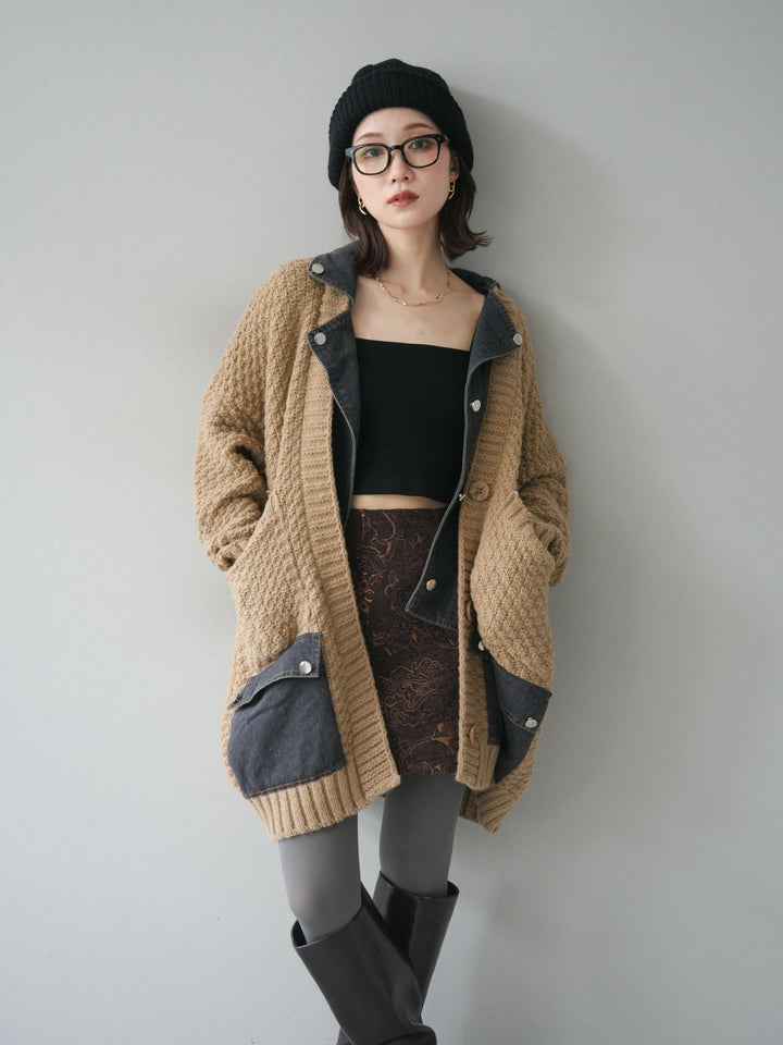 [SET]デニム襟レイヤードニットジャケット+デニム襟レイヤードニットジャケット(2set)