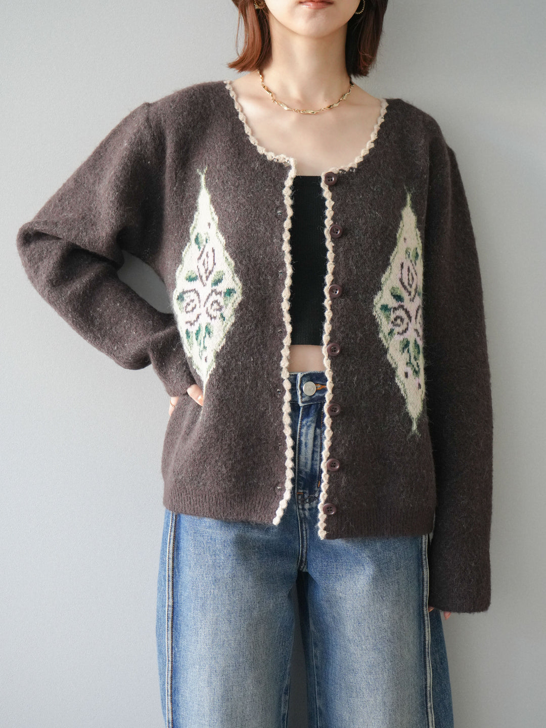 [予約]アンティークフラワージャガードニットカーディガン/brown
