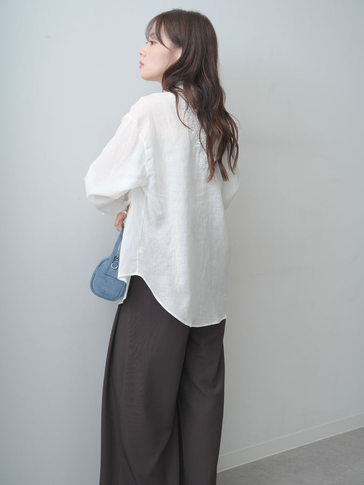 [SET]バックレースノーカラーシャツ+ベルトループデザインワイドパンツ(2set)