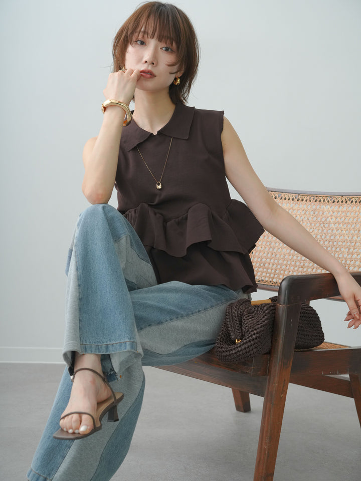 【預購】雙層荷葉邊無袖針織上衣 / 棕色