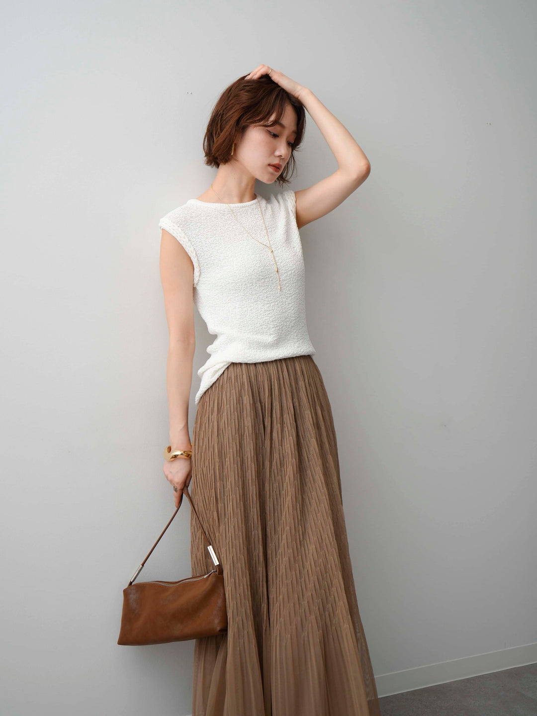 [予約]ケーブルスリーブニットトップス/white