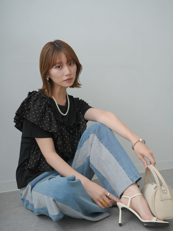 [SET]ドットギャザーフリルデザインTEE+デニム切替スウェットパンツ(2set)