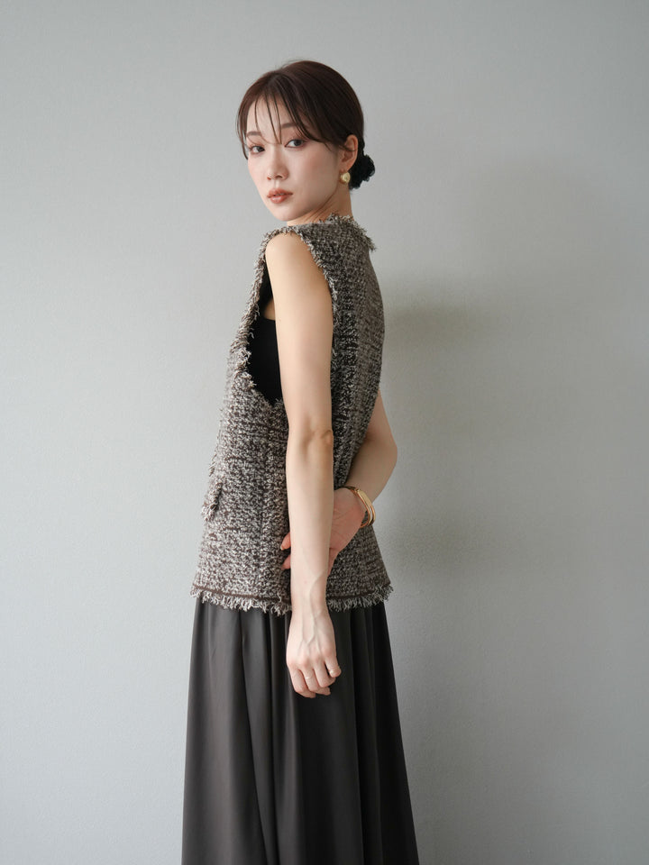[予約]ミックスツイードフリンジニットベスト/ブラウン