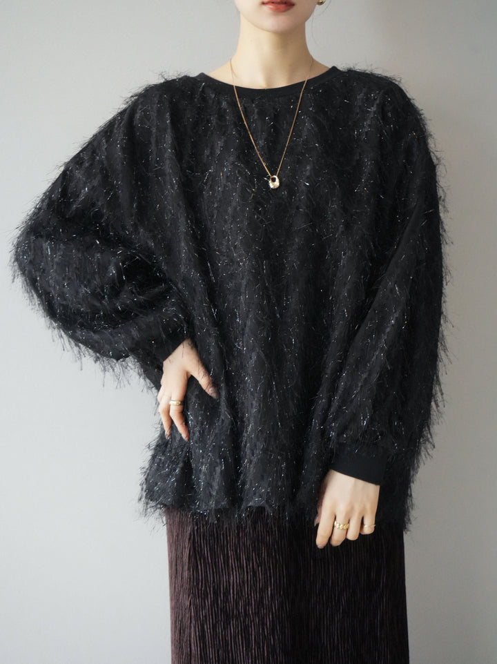 【預購】流蘇薄紗多層抓絨套頭衫/黑