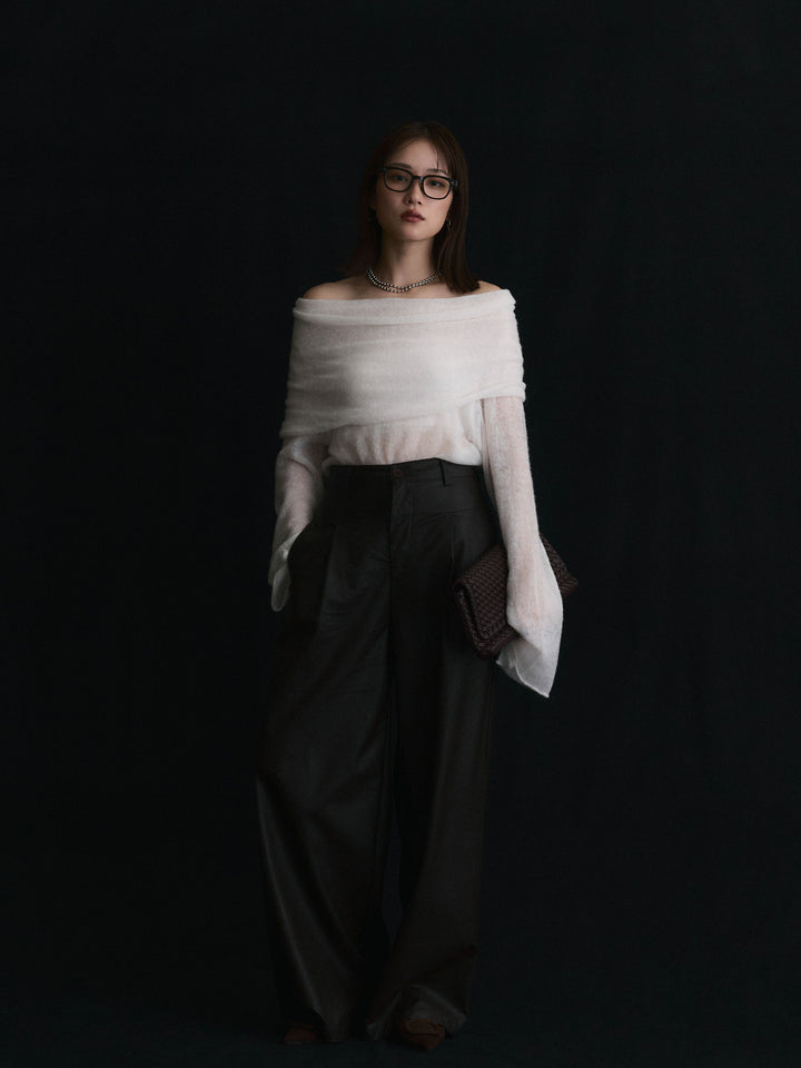 【Allure】[SET]オフショルシアーニットプルオーバー+レザータックセミワイドパンツ(2set)