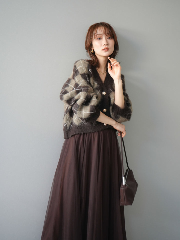 [予約]アーガイルシャギーニットカーディガン/brown