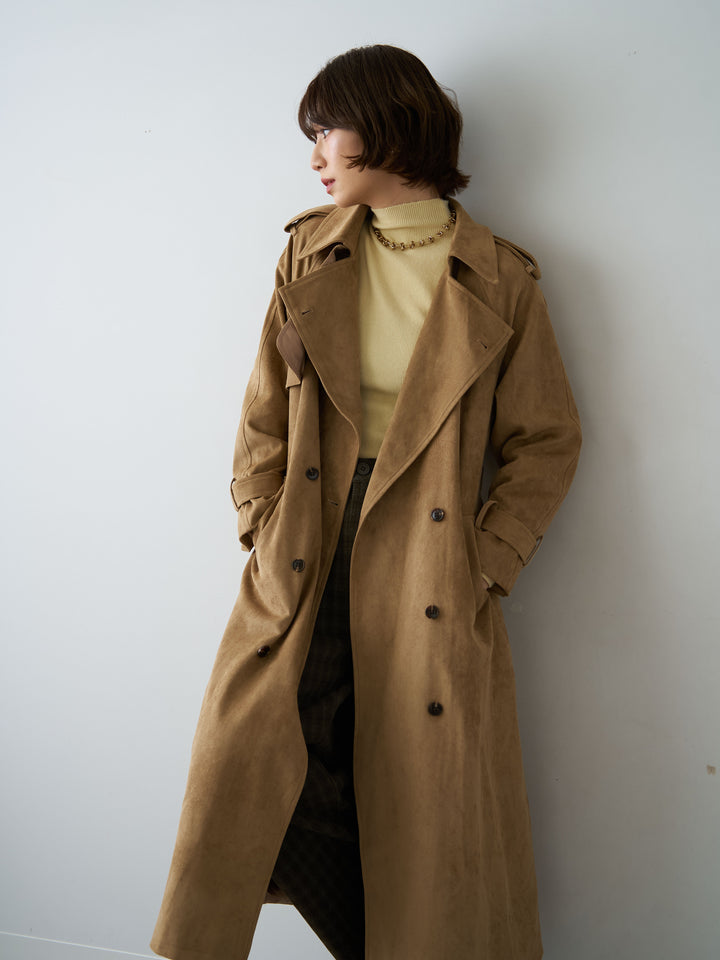 [SET]スウェードタッチロングトレンチコート+チェックサイドベルトデザインタックパンツ(2set)