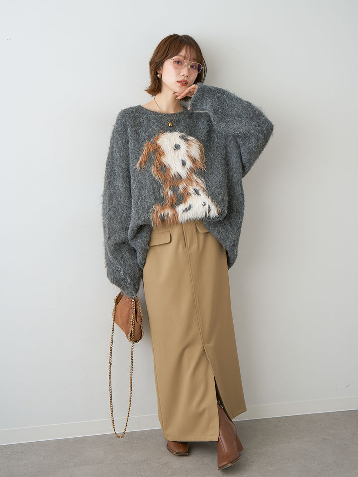 [SET]シャギードッグモチーフニットトップス+クレープデシンフラップ付きストレートスカート(2set)