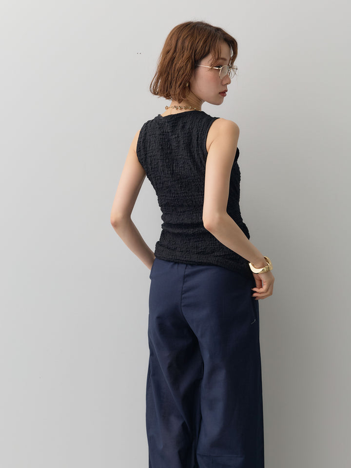 [予約]シャーリングウエストリボンVネックトップス/black