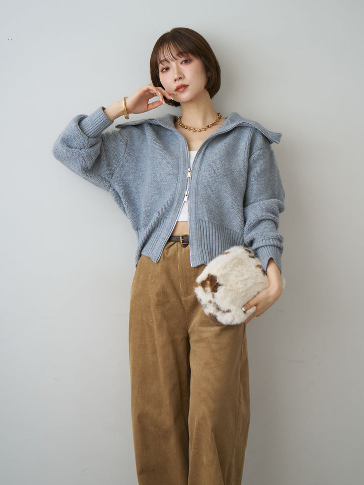 [SET]リブカラー圧縮ブークレニットブルゾン+ベルト付コーディロイワイドストレートパンツ(2set)