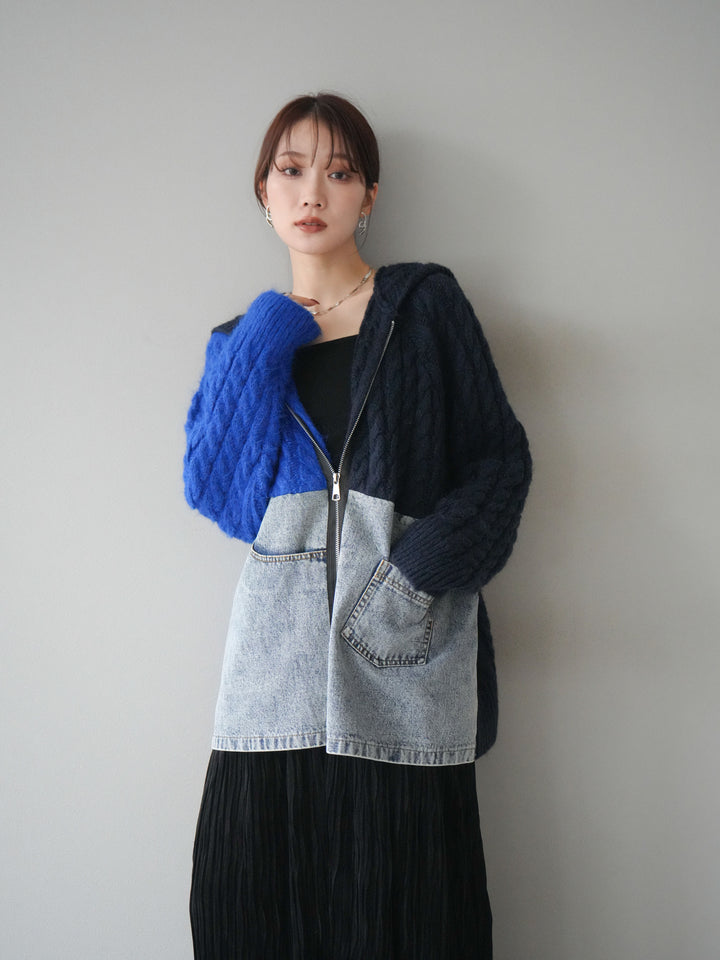 [予約]デニム×バイカラーニットZIPフーディ/blue