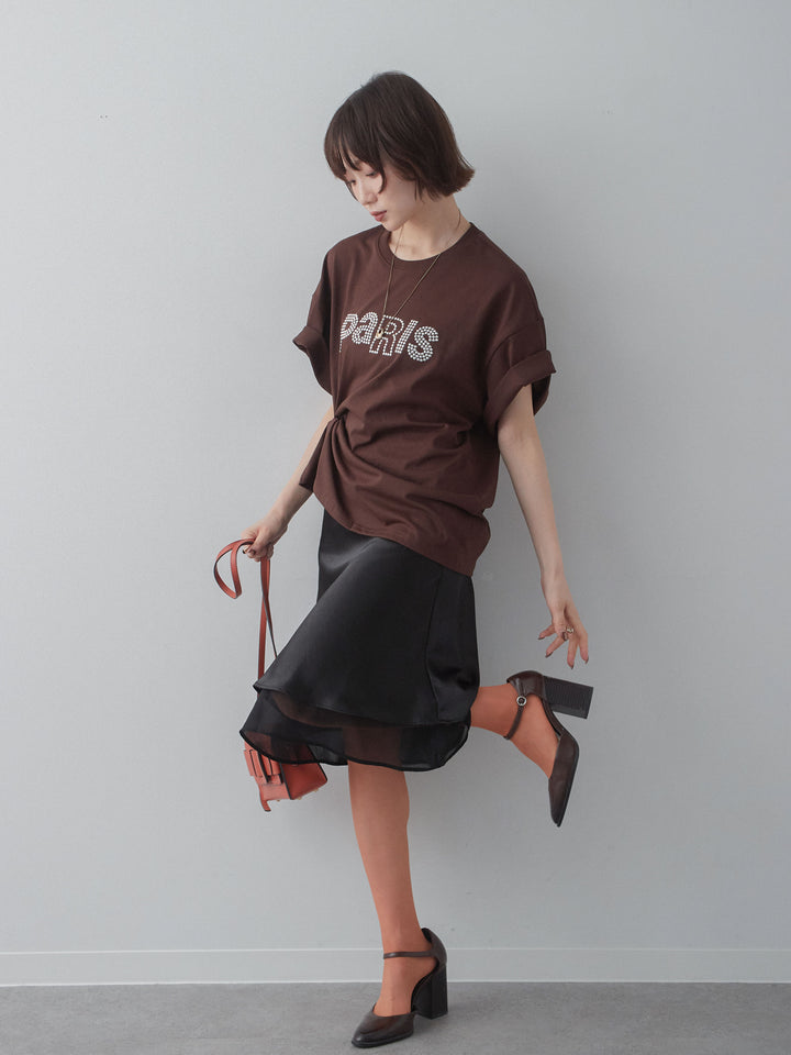 [SET]スタッズロゴTEE+サテンシフォンレイヤードスカート(2set)