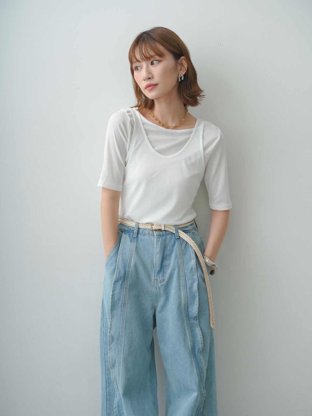 [SET]前後2wayシアーアシメレイヤード風TEE+フリルラインワイドデニム(2set)
