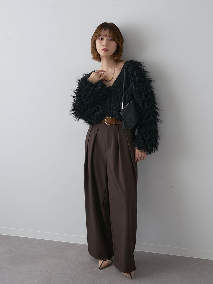 [SET]ループフェザークロップニットカーディガン+ツイルタックワイドパンツ(2set)
