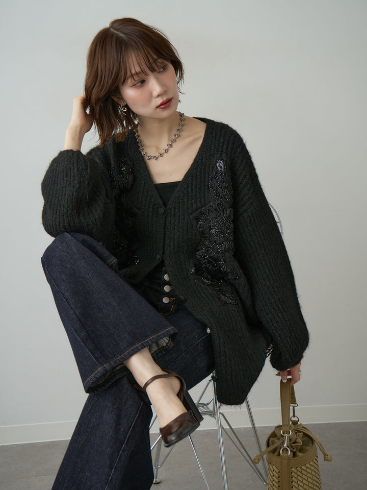 [予約]フローラルビーズニットロングカーディガン/black