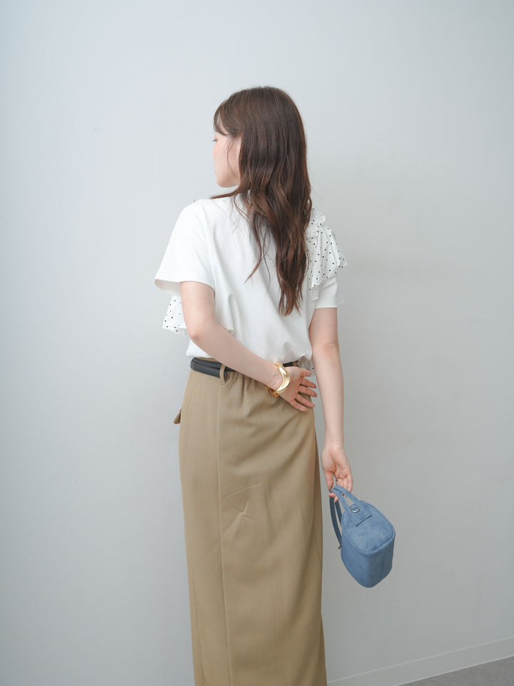 [SET]ドットギャザーフリルデザインTEE+クレープデシンフラップ付きストレートスカート(2set)