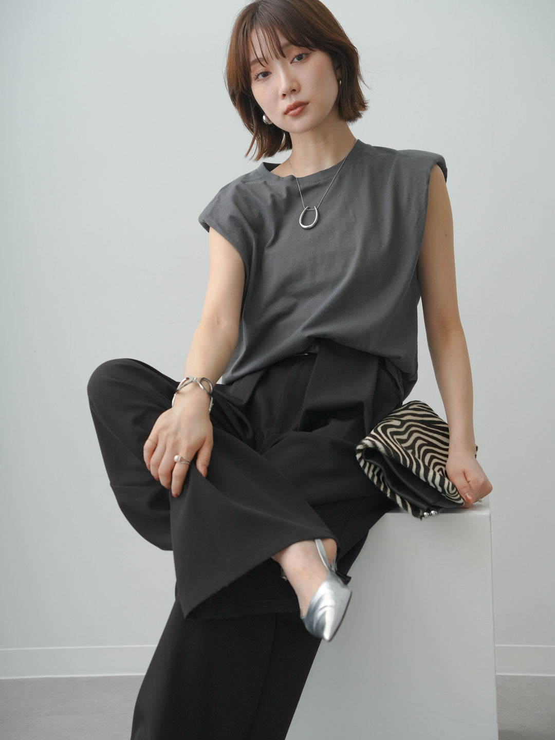 [SET]ショルダーパッドフレンチTEE+ベルトループデザインワイドパンツ(2set)