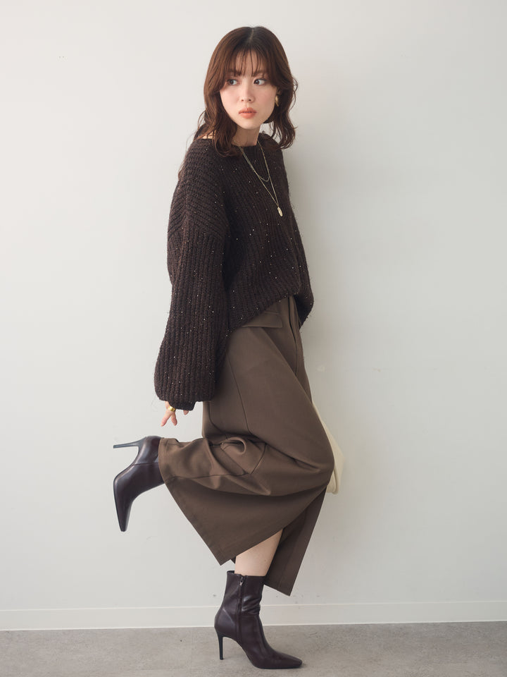 [SET]バルーンスリーブスパンリブニットトップス+クレープデシンフラップ付きストレートスカート(2set)