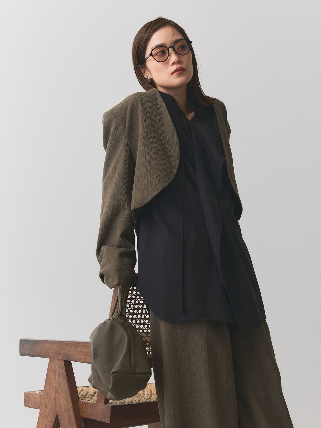 【Allure】[SET]ヘリンボーンショートジャケット＆ワイドパンツSET UP+ヘリンボーンショートジャケット＆ワイドパンツSET UP(2set)