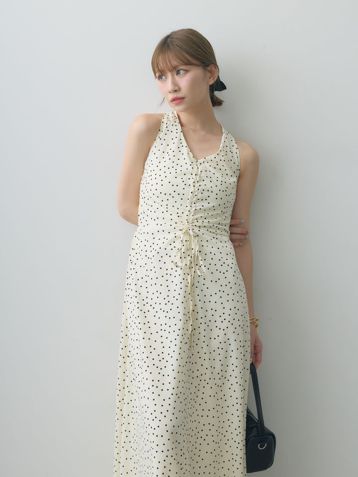 [予約]ホルターネックドット柄シャーリングデザインワンピース/ivory