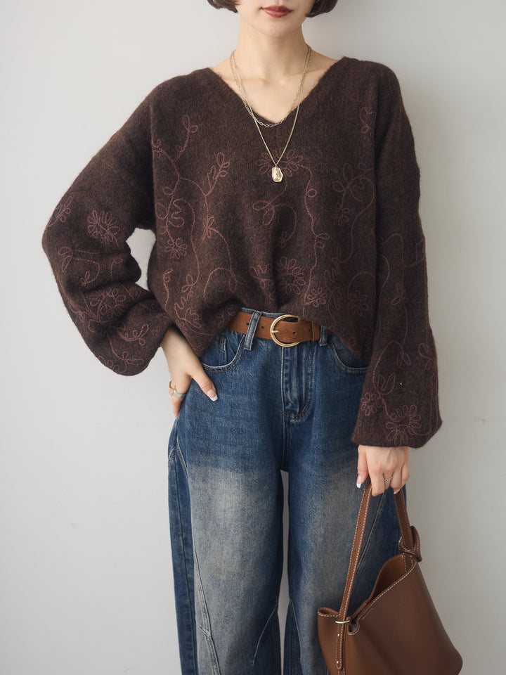 [予約]フロントエンブロイダリーVネックニットトップス/brown