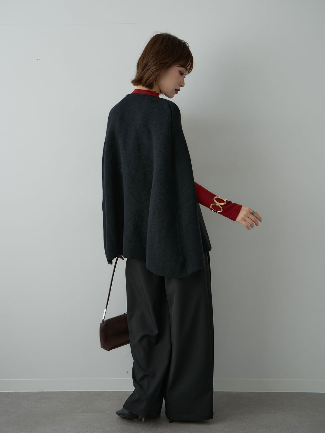 [SET]ゴールドボタンニットケープコート+ベルトループデザインワイドパンツ(2set)