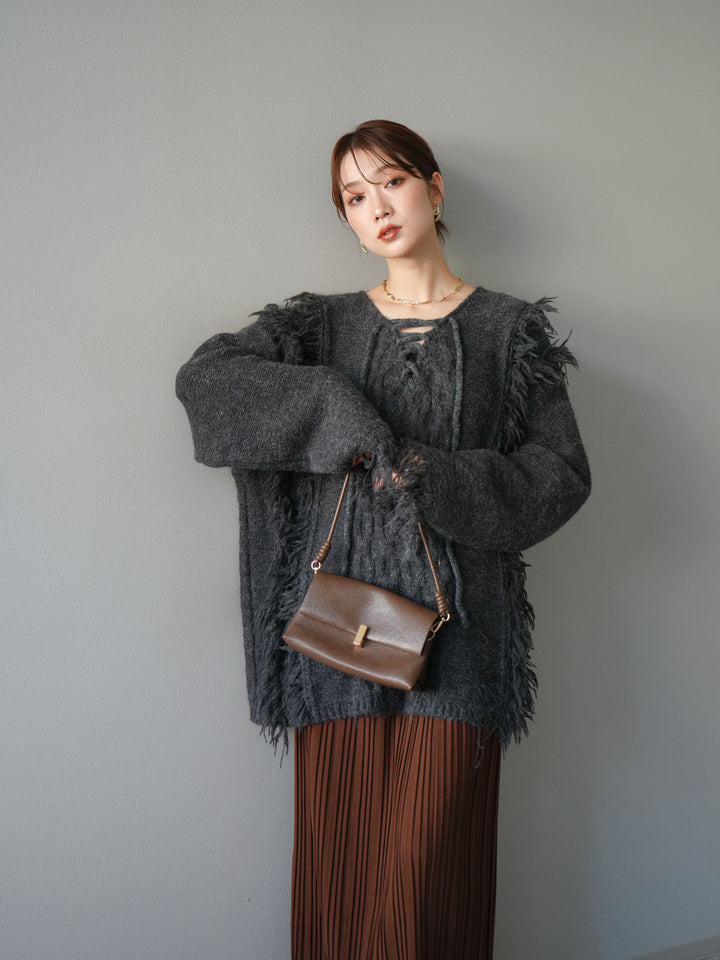 [予約]レースアップフリンジニットプルオーバー/gray